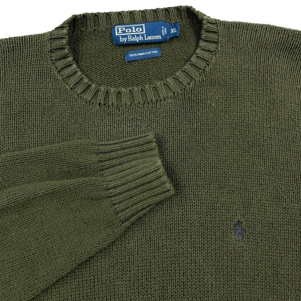 Polo Ralph Lauren Sweater Men XL Olive Green Heavy Knit CrewNeck Rib VTG Y2K *